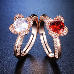 New Product Elegant Fashion Imitation Pomegranate Red Moissanite Colorful Gemstone Fully Diamond Open Ring for Women, Luxurious Adjustable Finger Ring