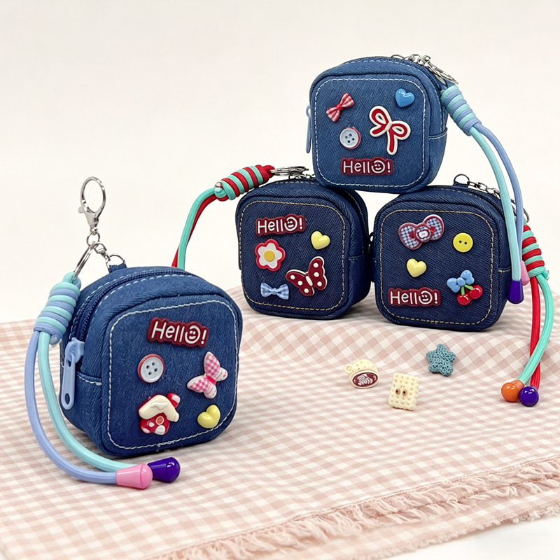 Denim coin purse, high aesthetic mini bag, exquisite and cute cartoon decoration, keychain pendant, earphone storage bag