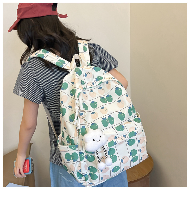738g Weight Polyester Lining Material Sewing Thread Fashion Element Zipper Closure Type Double Shoulder Straps Strap Type Casual, School, Daily Occasion Nylon Material Waterproof Function Back To School Festival School Backpack Backpack Flower, Strawberry Pattern All Seasons Season Women's Gender Classic Style Style Square Shape Waterproof Flower Strawberry Casual School Daily School Backpack 9