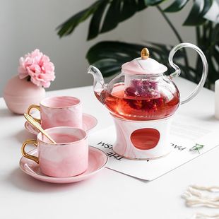 Scandinavian Flower Teapot Set Household Candle Heated Ceramic Glass Boiled Fruit Teapot Heat-Resistant Afternoon Tea Cup Tea Set