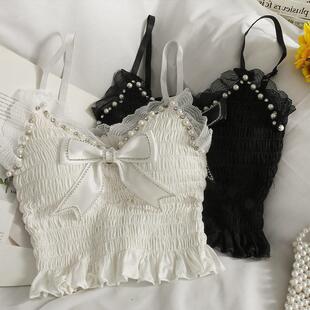 New Style Inner Vest with Breast Pads, Bow Pleated Mesh Stitching, Chest-Wrapped Short Camisole for Women