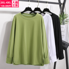 New 2250 Model 300-Pound Large Size Women's Top Fat MM Autumn Outfit Fleece Elastic Solid Color Slit Basic Base Shirt