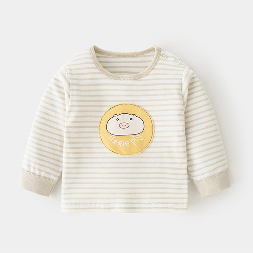 Baby pure cotton single top autumn clothes striped boys and girls spring and autumn baby underwear bottoming shirt children's clothing shoulder open T-shirt