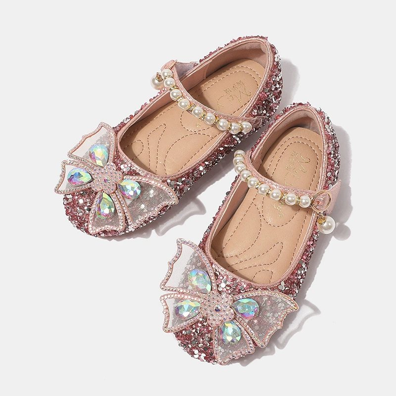Туфли для девочек в Корейском стиле с пайетками и бабочками, маленькие кожаные туфли с жемчужным поясом на липучке, женские большие детские туфли в стиле феи, новые бобовые туфли