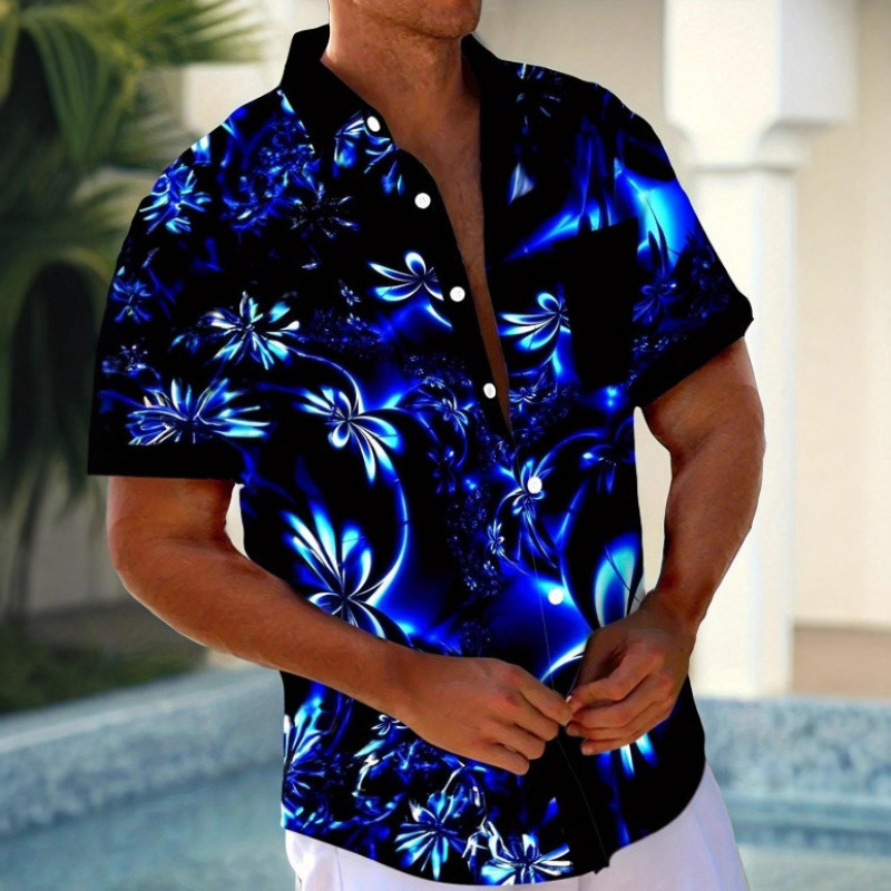Men's Hawaiian Style 3D Floral Print Button Pocket Short Sleeve Shirt Top for Spring and Summer