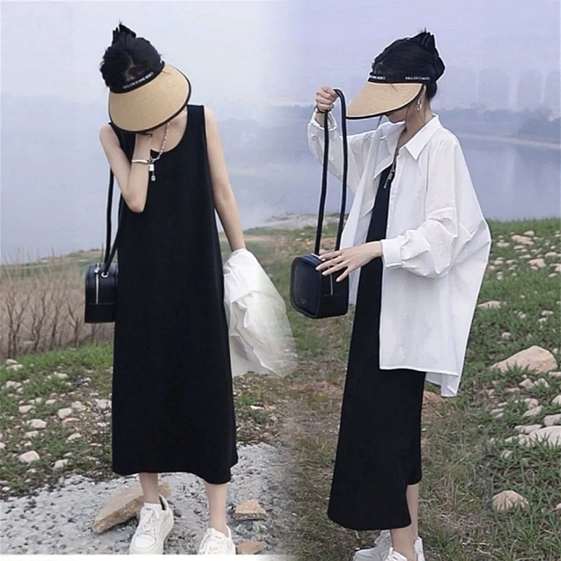 Loose-fitting mid-length tank dress set for women, new summer vacation style, sun-protective shirt paired with a camisole long dress Loose-fitting mid-length tank dress set for women, new summer vacation style, sun-protective shirt paired with a camisole long dress
