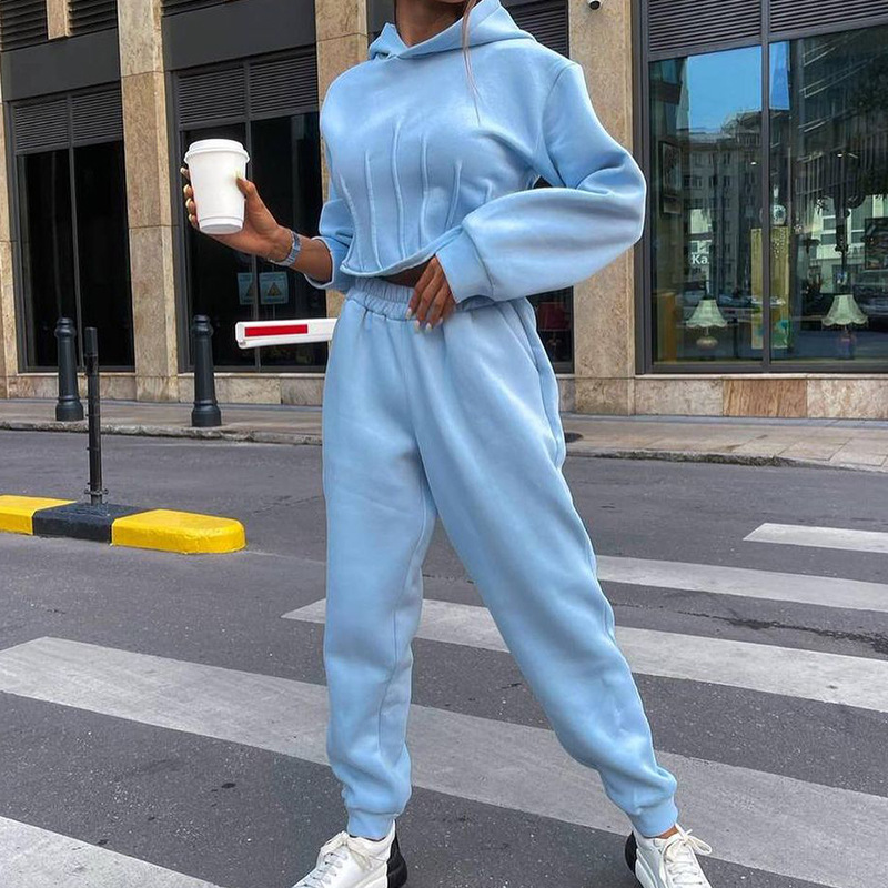 Casual Hooded high waist long sleeve solid color Sweatshirt and Trousers Two-piece Set NSONF139709