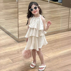 2024 Summer Girls' Dress: Chic Three-Layer Ruffle Design with Halter Neck, Perfect for a Delicate and Refreshing Look—Think Cake-like Princess Style!