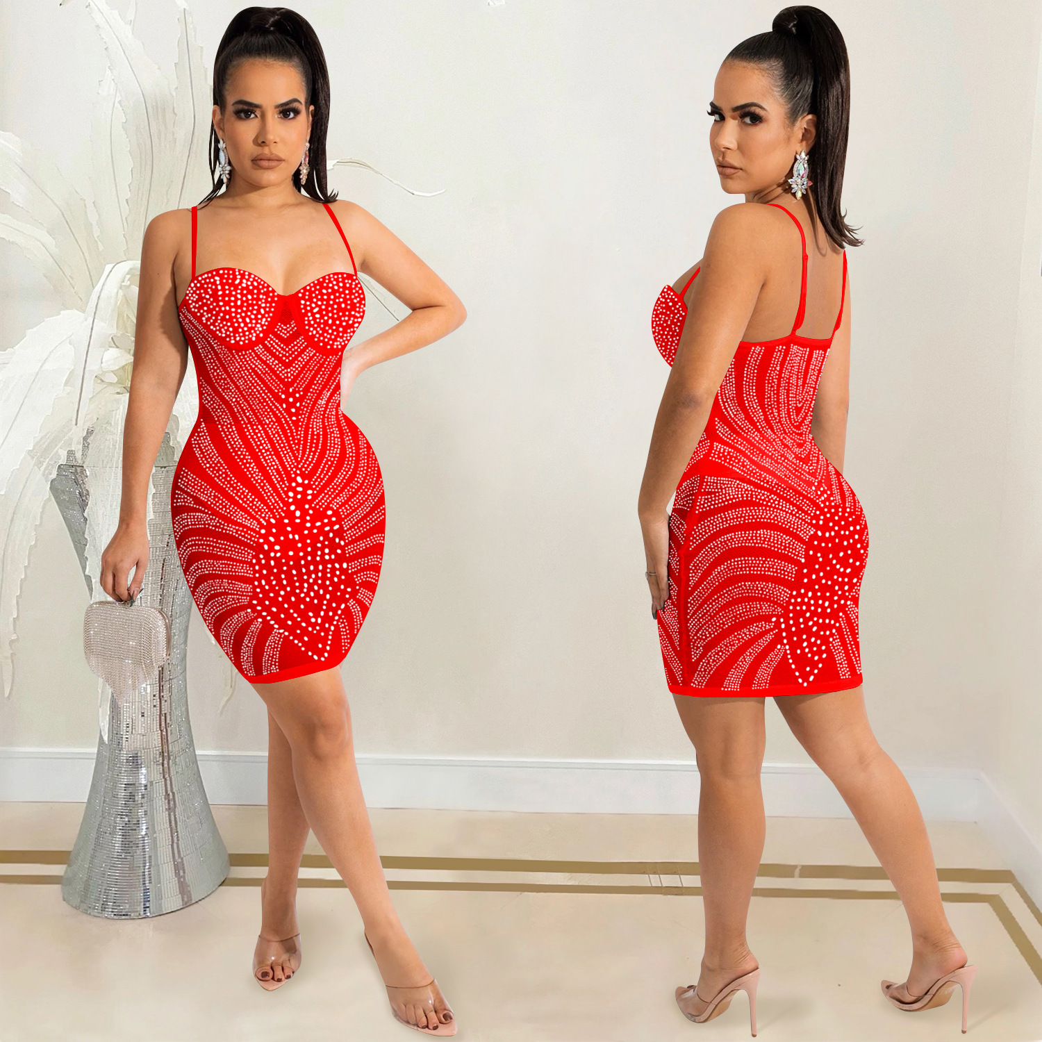 X5650 transfronteriza AliExpress moda nuevo rhinestone malla transparente sexy sling sin mangas vestido de midi vestido de las mujeres
