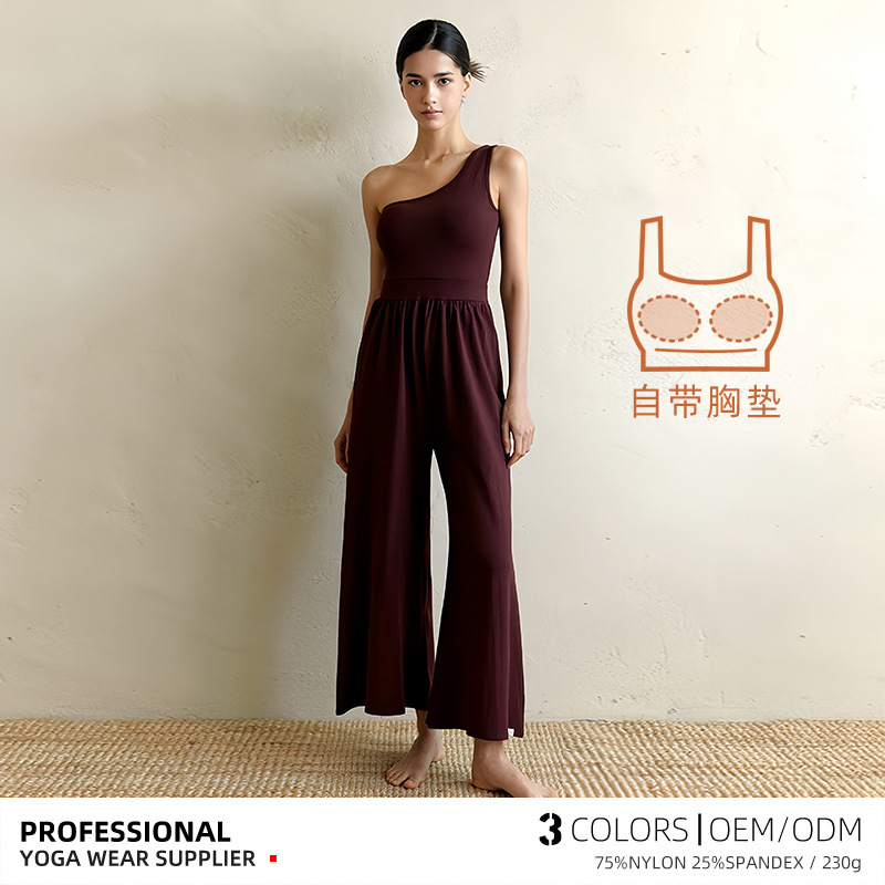 Autumn New Style Oblique Shoulder Strap Yoga Suit Jumpsuit Women's Knitted Sports Casual Strapless Dance Suit Wide Leg Pants