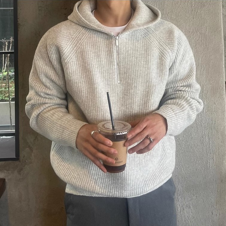 High-End Half-Zip Hooded Knitwear Sweatshirt for Men in Autumn and Winter Niche Lazy Style Heavy Knitwear Jacket 1/2 Pieces