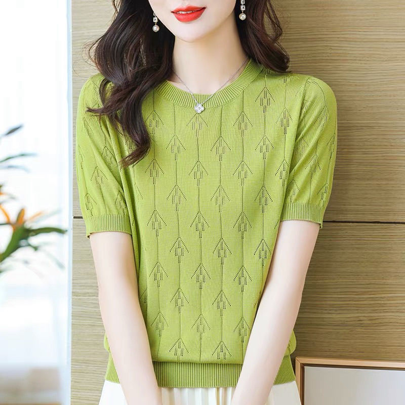 [Cashmere Family] Women's Short-Sleeve Round-Neck Loose Hollow-Out Ice Silk Knit Top Thin T-Shirt for Summer