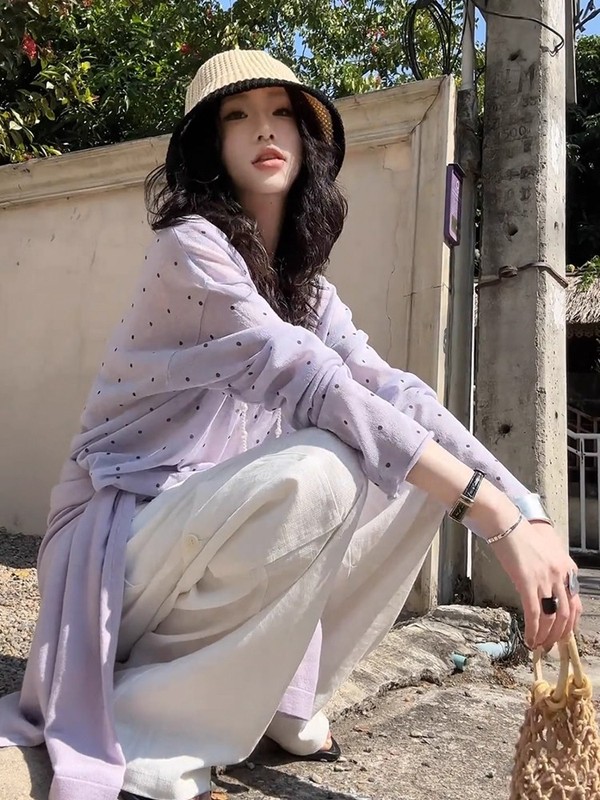 韩系紫色波点长袖针织衫女夏天薄款防晒罩衫宽松显瘦微透上衣|undefined