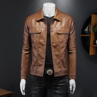 2025 Autumn New Men's Long Sleeve Turn-Down Collar Biker Stylish Slim Fit Trendy Men's Leather Jacket