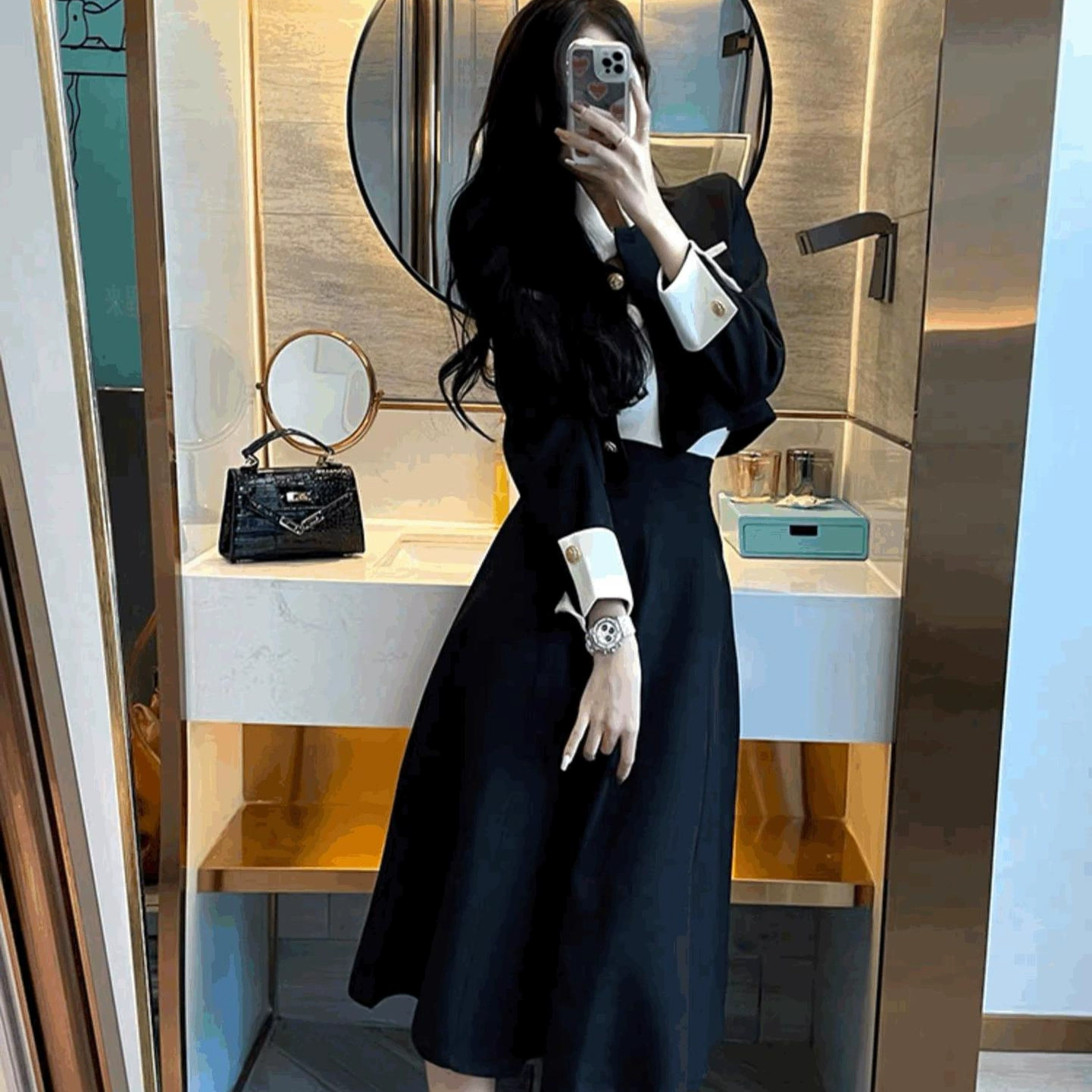 Французское маленькое ароматное осеннее и зимнее короткое пальто с высокой талией и длинным юбкой