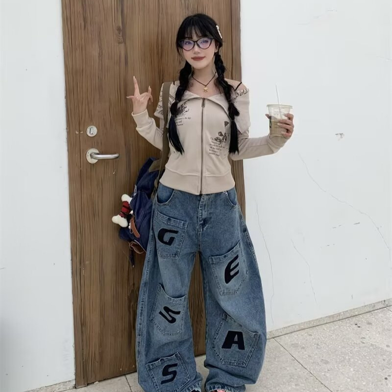 美式复古水洗蓝廓形弯刀牛仔裤女宽松垂感多口袋高腰阔腿弯刀裤潮|undefined