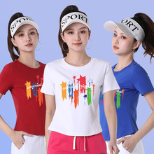 广场舞服装棉夏季短袖运动上衣曳步舞演出服彩条印花圆领百搭T恤