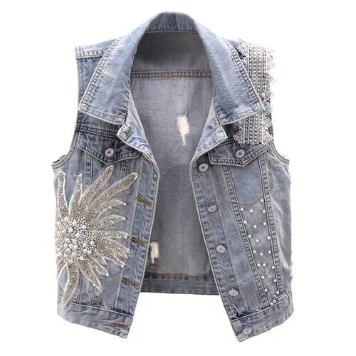  Spring New Korean-Style Lace Beaded Denim Vest Women's Short Sleeveless Waistcoat Jacket Top Trendy Shoulder Pad Style