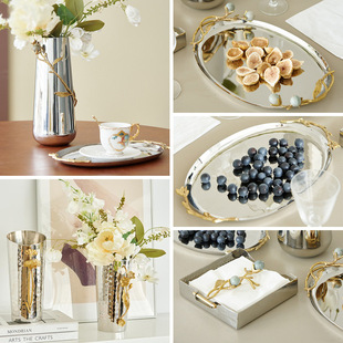 Light Luxury Decoration Stainless Steel Silver Oval Long Tray Ginkgo Branch Leaf Handle Water Kettle Vase Napkin Holder Ornaments
