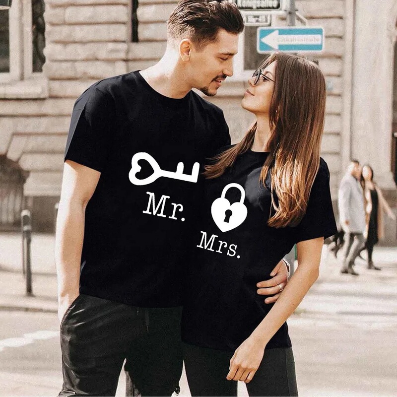 Couple T-Shirts with Heart-Shaped Key and Lock Print, Mr. and Mrs. Printed Couple T-Shirts, Summer King and Queen T-Shirts, Casual O-Neck Tops Couple T-Shirts with Heart-Shaped Key and Lock Print, Mr. and Mrs. Printed Couple T-Shirts, Summer King and Queen T-Shirts, Casual O-Neck Tops