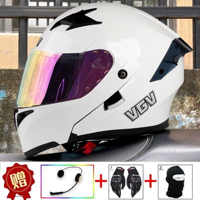 Motosiklet dəbilqələri | VGV3C Certified Motorcycle Open-Face Helmet - m-pearl-white-built-in-bluetooth-red-gold-plated-mirror-comes-with-gloves-head-cover-anti-fog-sticker