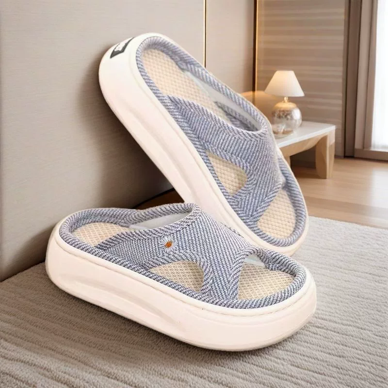 Льняные тапочки, сандалии, толстая подошва, впитывающие пот и дышащие сандалии, стильные домашние сандалии для пар в общежитии и тканевая обувь.