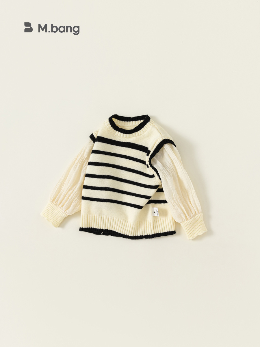 Suéter de otoño para niñas Youbao, a rayas, estilo dos piezas, elegante, tejido de punto, dulce, con mangas abullonadas, top infantil