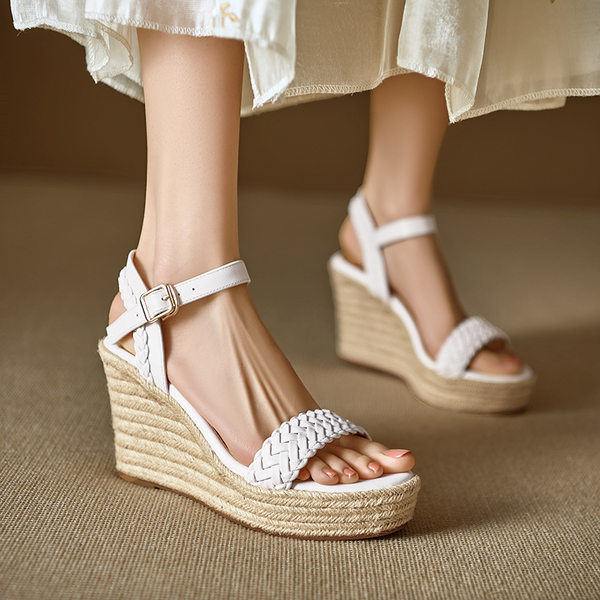 Sandal cao gót nữ hở mũi đế xuồng đan bohemian, gót 9 cm — màu trắng, màu mơ