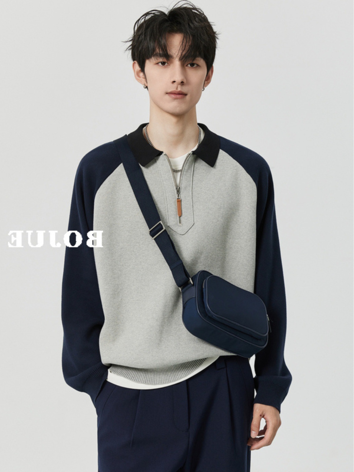 Otoño e invierno contraste color media cremallera Polo cuello suéter cálido manga larga superior suéter de los hombres de estilo coreano abrigo de los hombres