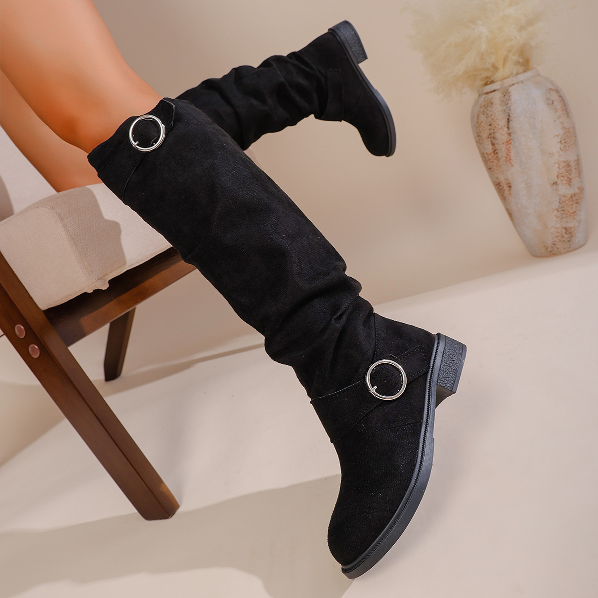 Women's High Top Pleated Belt Buckle Boots Suede Slip on Retro Riding plus Size Winter New Style_vogvips.com