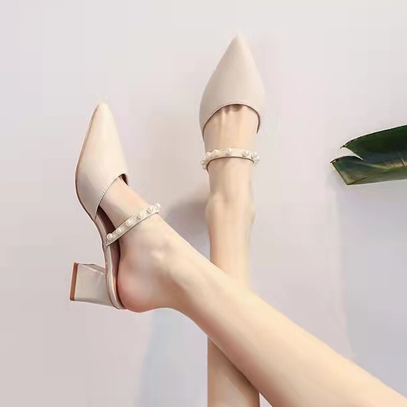 [Explosions in stock] Pointed Thick-heeled Slippers Women's 2024 New Internet Celebrating High-heeled Slippers for Outer Wear Fashion Half Slippers