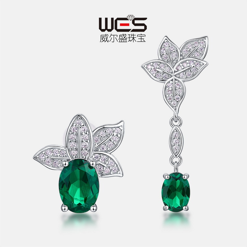 Pendientes asimétricos de personalidad de lujo ligero transfronterizo europeo y americano S925 con incrustaciones de plata para cultivar aretes largos de color esmeralda personalizados