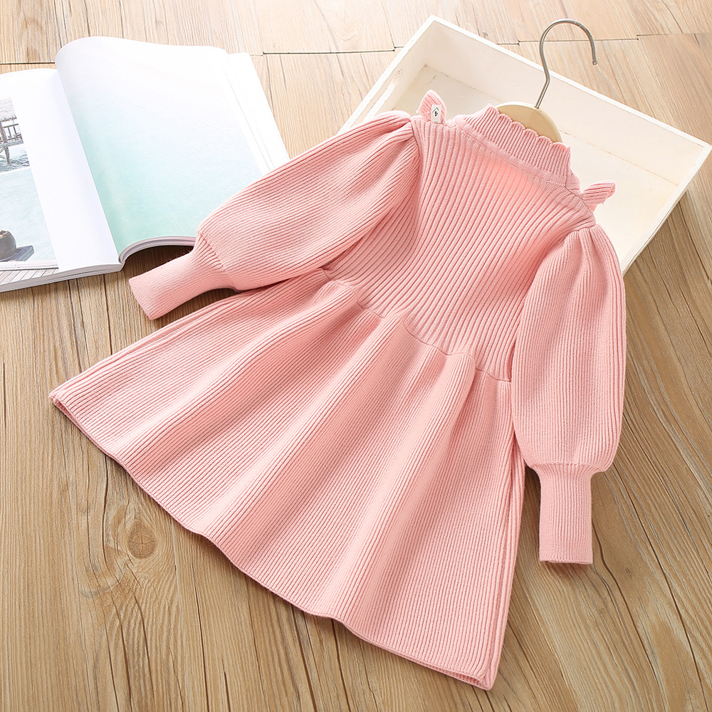 Girls Knitted Dress Autumn Winter Solid Colour Long Sleeve Style_voghion.com