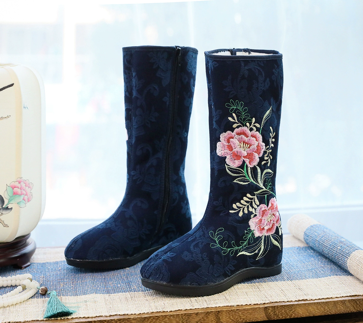 Полупальто Hanfu с вышивкой, Boots, обувь до икры, хлопковая подкладка, размеры 34–41