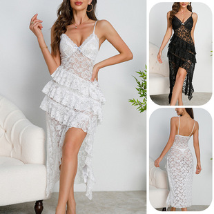 Sexy Suspender Lace Nightdress with Multi-Layered Ruffles, Irregular Hem, Sheer Temptation Loungewear Wholesale 878