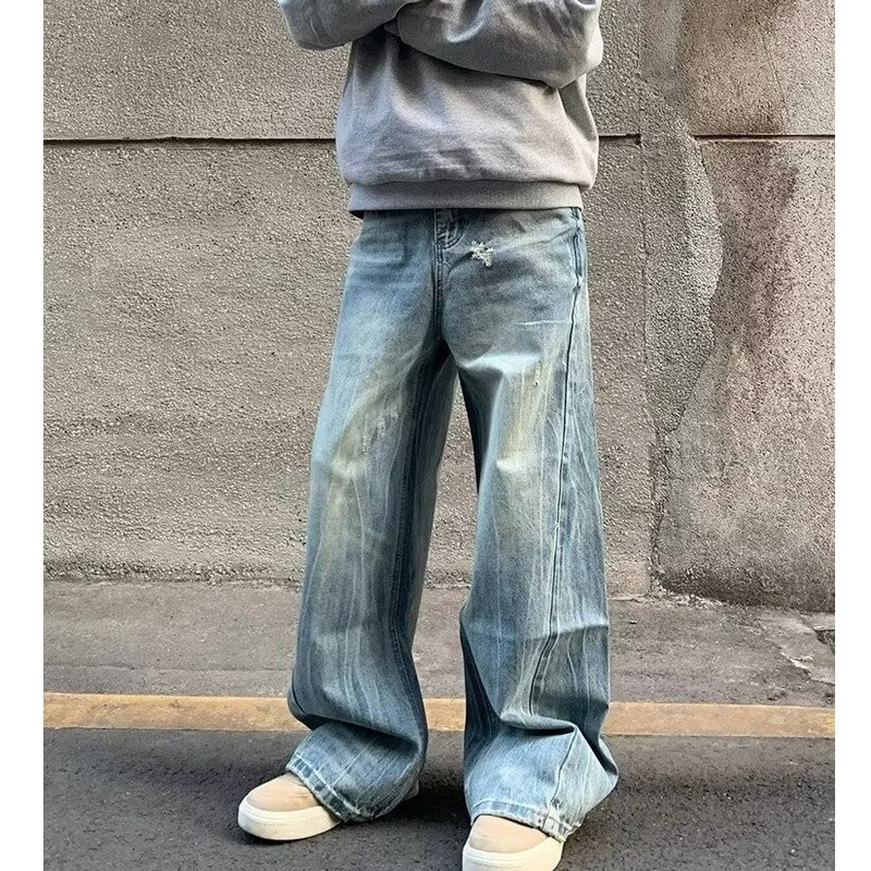 Lightning Pattern Flared Jeans for Men, Plus Size, Trendy Brand, Loose Casual Spring Wear, High-Waisted, Slimming, Blue Straight-Leg