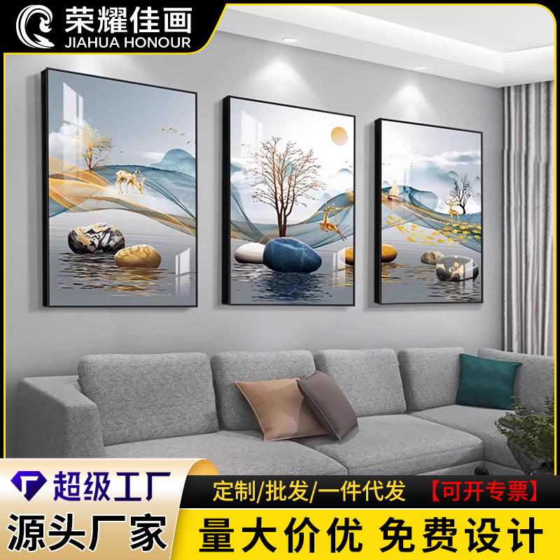 Pintura de decoración de la sala de estar moderna de lujo ligera Fukuyan atmósfera tripartita mural significa un buen fondo de sofá pintura colgante de pared