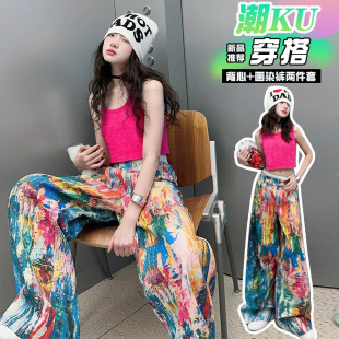 Girls' summer cross-border suit 2025 new cuhk children's fashionable painted wide leg pants Korean fried street net red pants