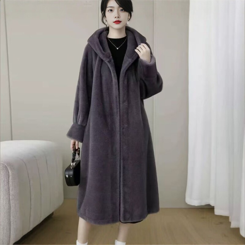 2026 New Style Imitation Mink Fur Long Hooded Coat for Women, Korean Style Warm Fur Coat, Fashionable and Elegant Commuter Style