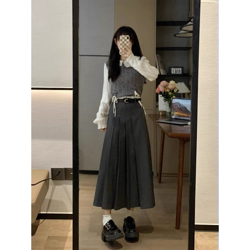 套装女秋季新款学院风毛衣衬衫假两件针织上衣复古气质灰色半身裙|undefined