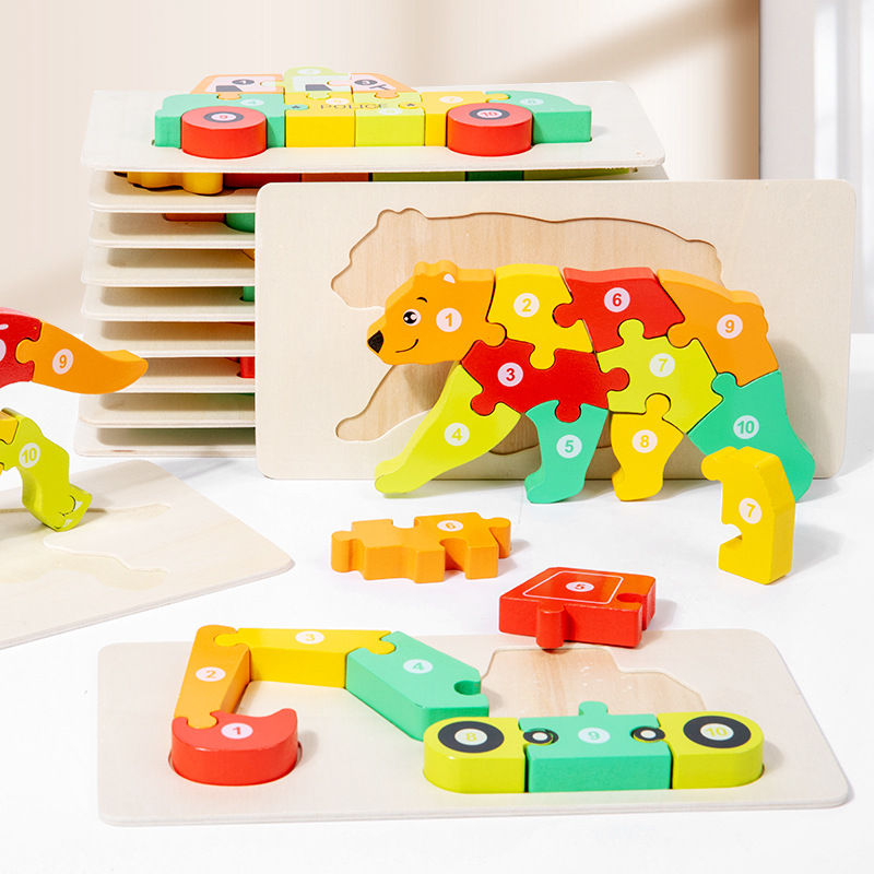 Niños pequeños madera 12 colores cognitivos números emparejados de tráfico animal gran puzzle puzzle puzzle juguetes de puzzle