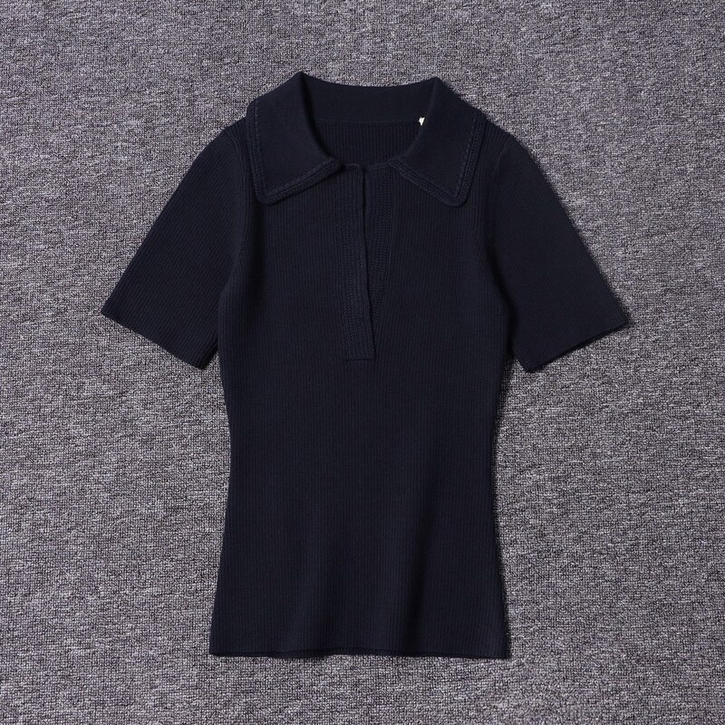 Chunyuan オリジナルフランス SZ ニッチラペルディープ V ネック半袖ポロセータートップ Nanyou 高品質婦人服|undefined