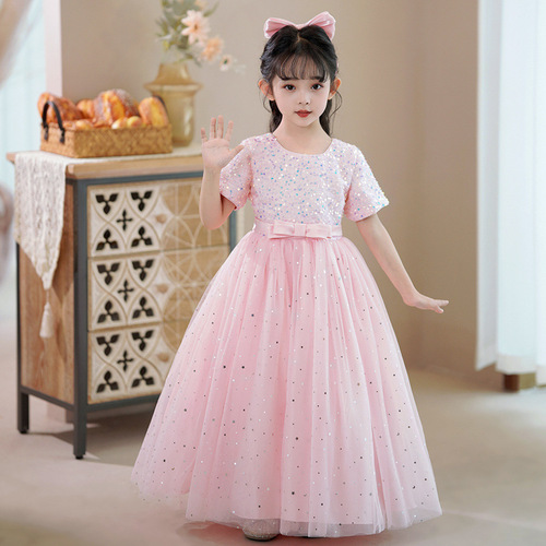 Girls summer long short-sleeved mesh tutu skirt evening dress sequined sweet host show singing competition long skirt