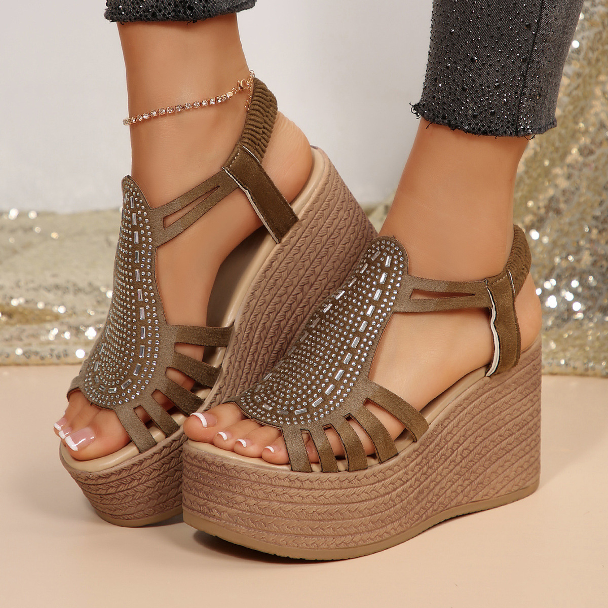 Sandali con zeppa da donna con strass, nuovo stile estivo, plateau, taglie forti, sandali romani con fascia elastica e traforata_voghion.com