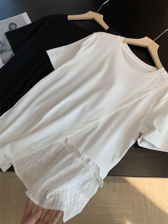Design sense: Unconventional irregular hollowed-out embroidery patchwork hem, loose short-sleeved T-shirt for women, Spring/Summer 2025 G032206 pic 27