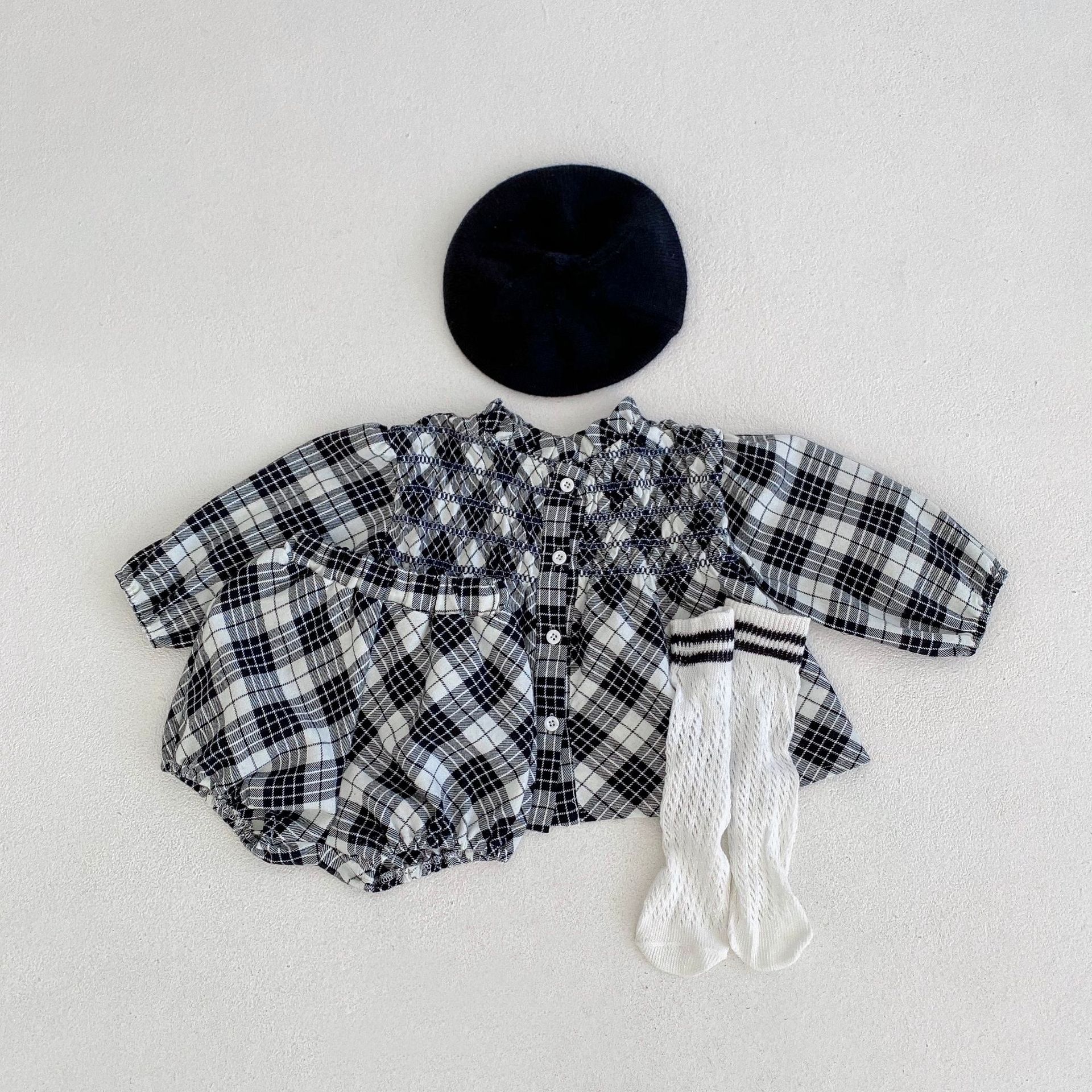 2024 Herbst/Winter Neue Baumwolle Weibliche Baby Karierten Langarm Top Strickjacke + Hose zweiteiliges Set_voghion.com