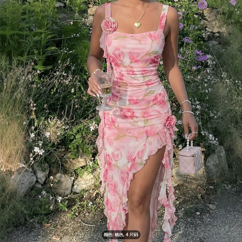 跨境亚马逊欧美女装外贸批发性感甜美度假风女士浪漫印花连衣裙