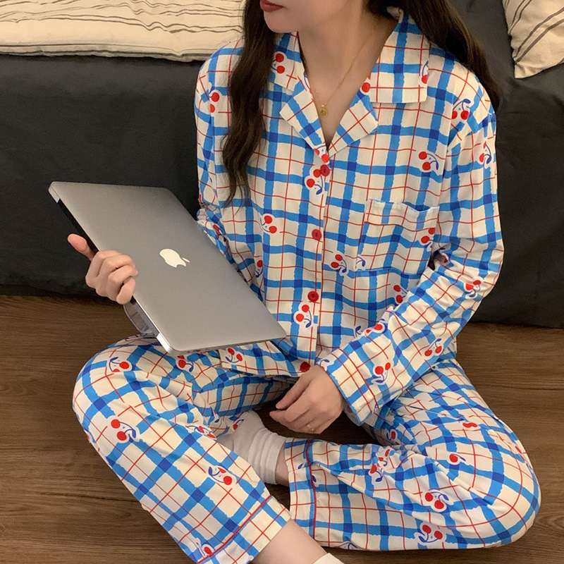 El comercio exterior de primavera y otoño pijamas algodón para las mujeres ins lindo dibujos animados solapa cardigan suelta delgada vestir prendas exteriores homewear