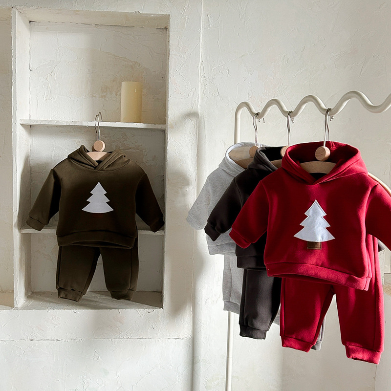 Boys' Autumn and Winter Suit, Handsome Infant and Toddler Fleece-Lined Hooded Two-Piece Christmas New Casual Sweatshirt + Pants Suit