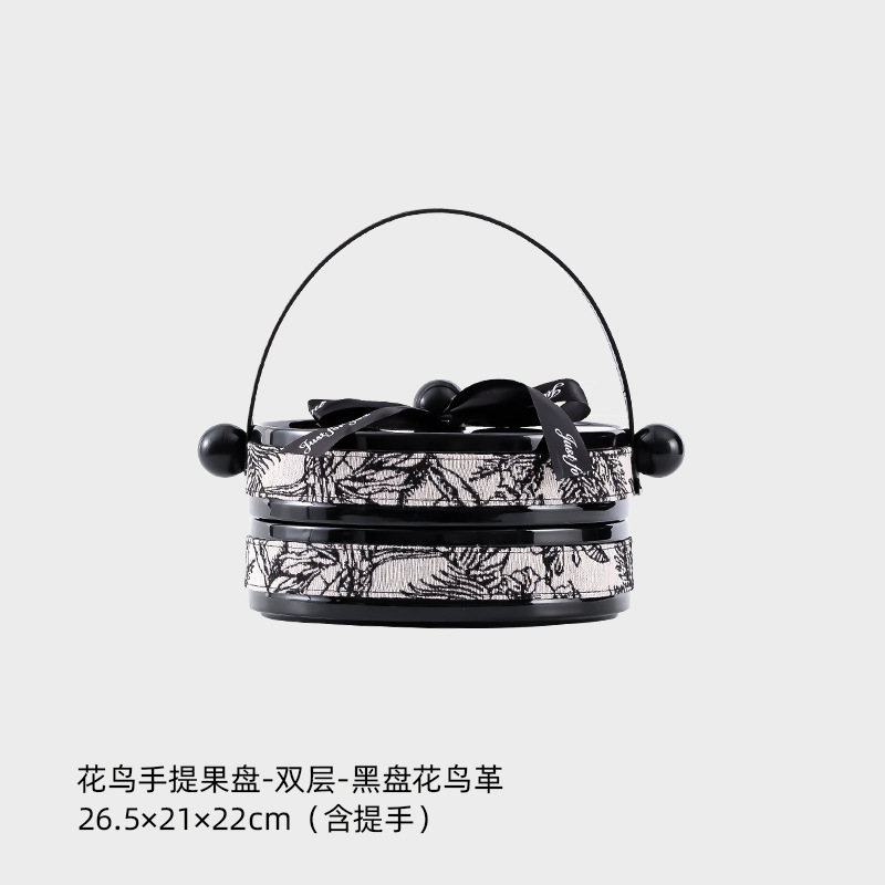 丛林复古风干果盘陶瓷客厅茶几带盖皮革旋转水果零食手提摆放盘|undefined